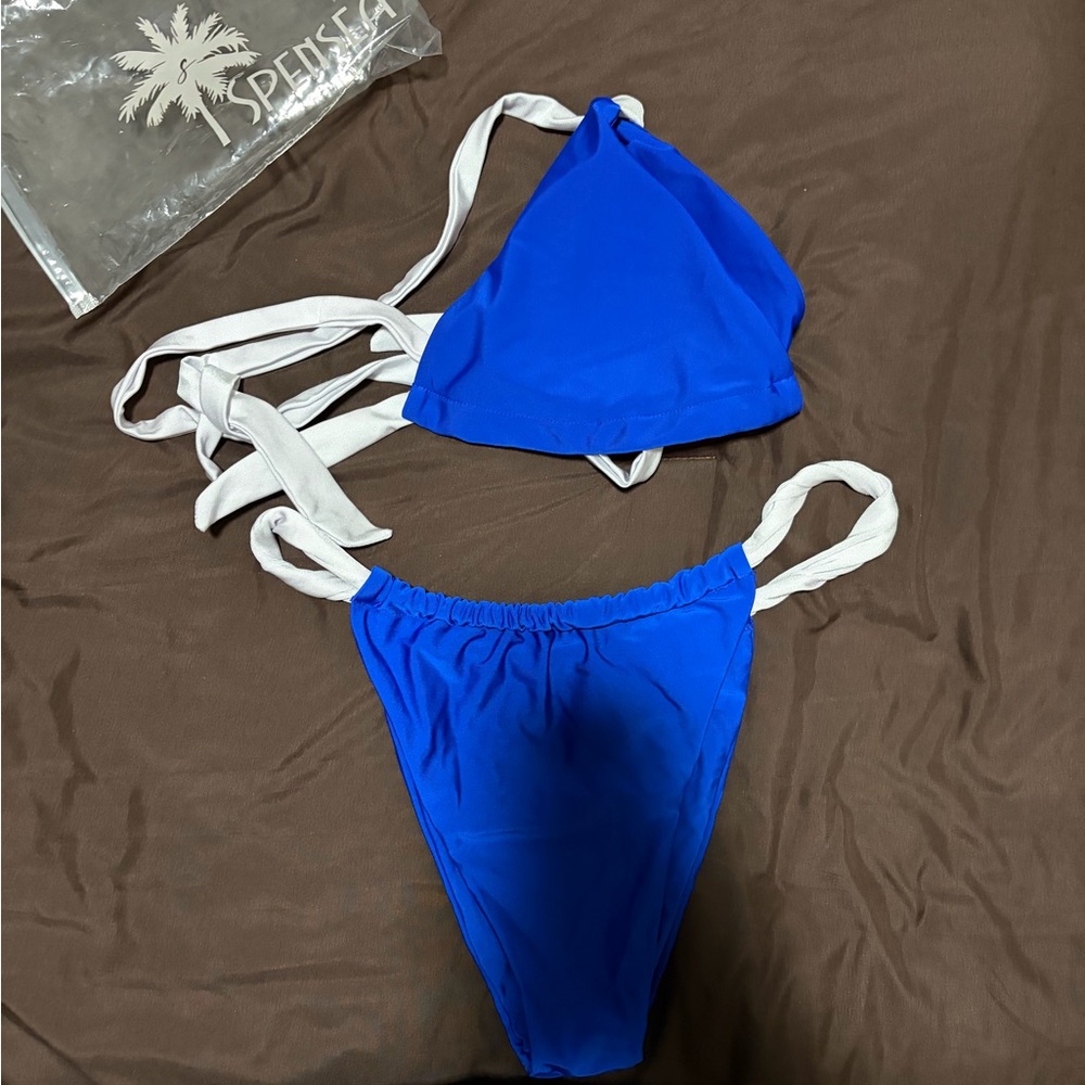 Blue Women's Two-Piece Bikini with White Straps